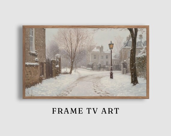 Snowy Stone Street Lamppost Footprints Old Town Winter Scene Poster