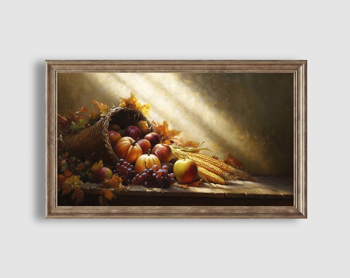 Thanksgiving Cornucopia Harvest Fruit Corn Dramatic Light Still Life Art Poster - Image 2