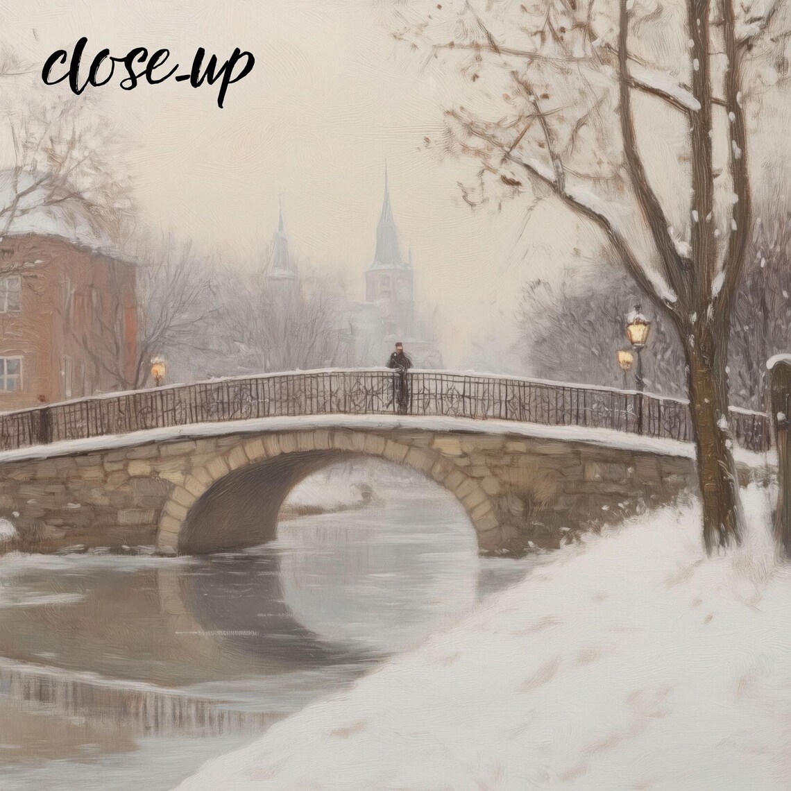Snowy Stone Bridge Canal Old Town Winter Village Scene Poster - Image 3