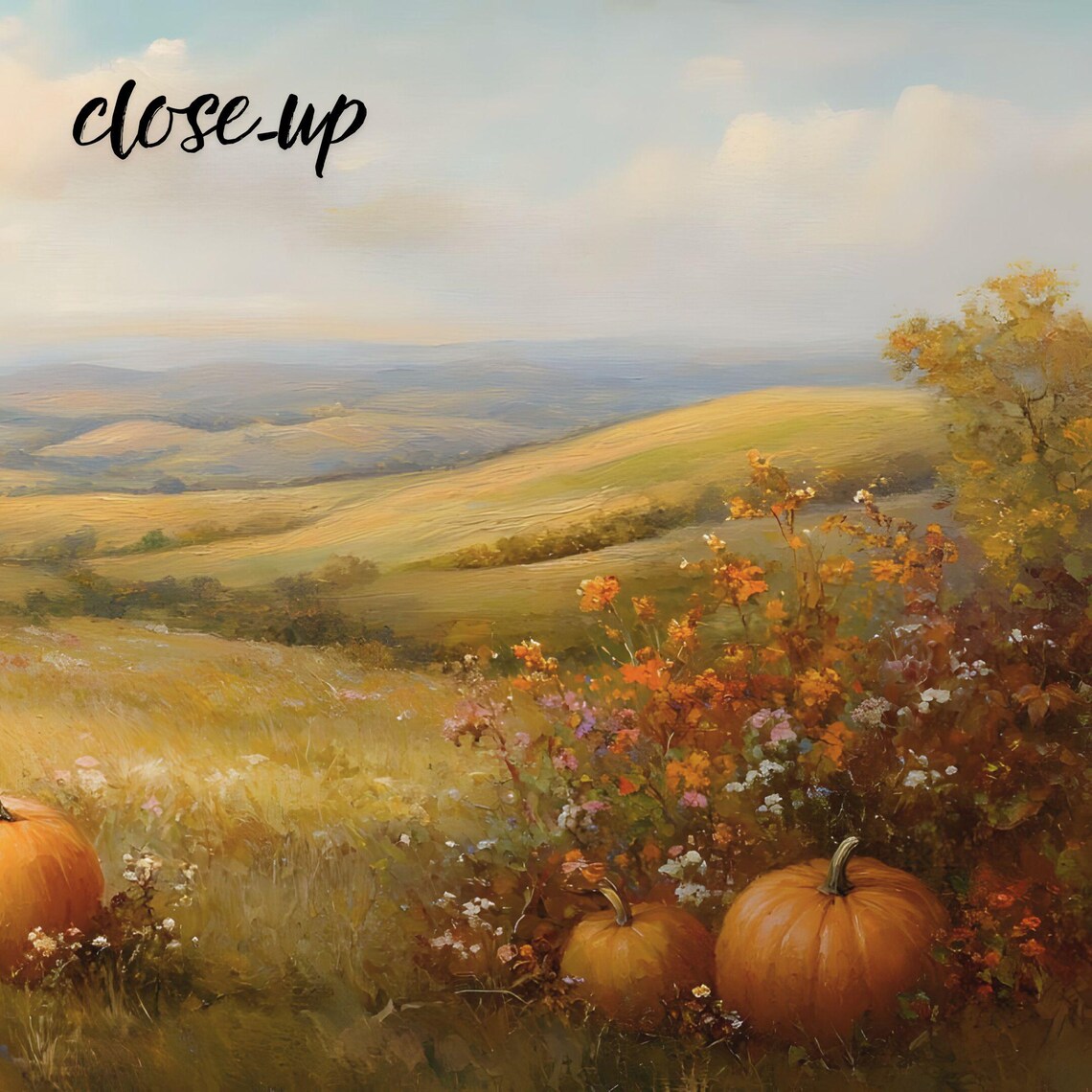 Autumn Pumpkin Field Overlooking Rolling Hills and Wildflower Meadow Poster - Image 3