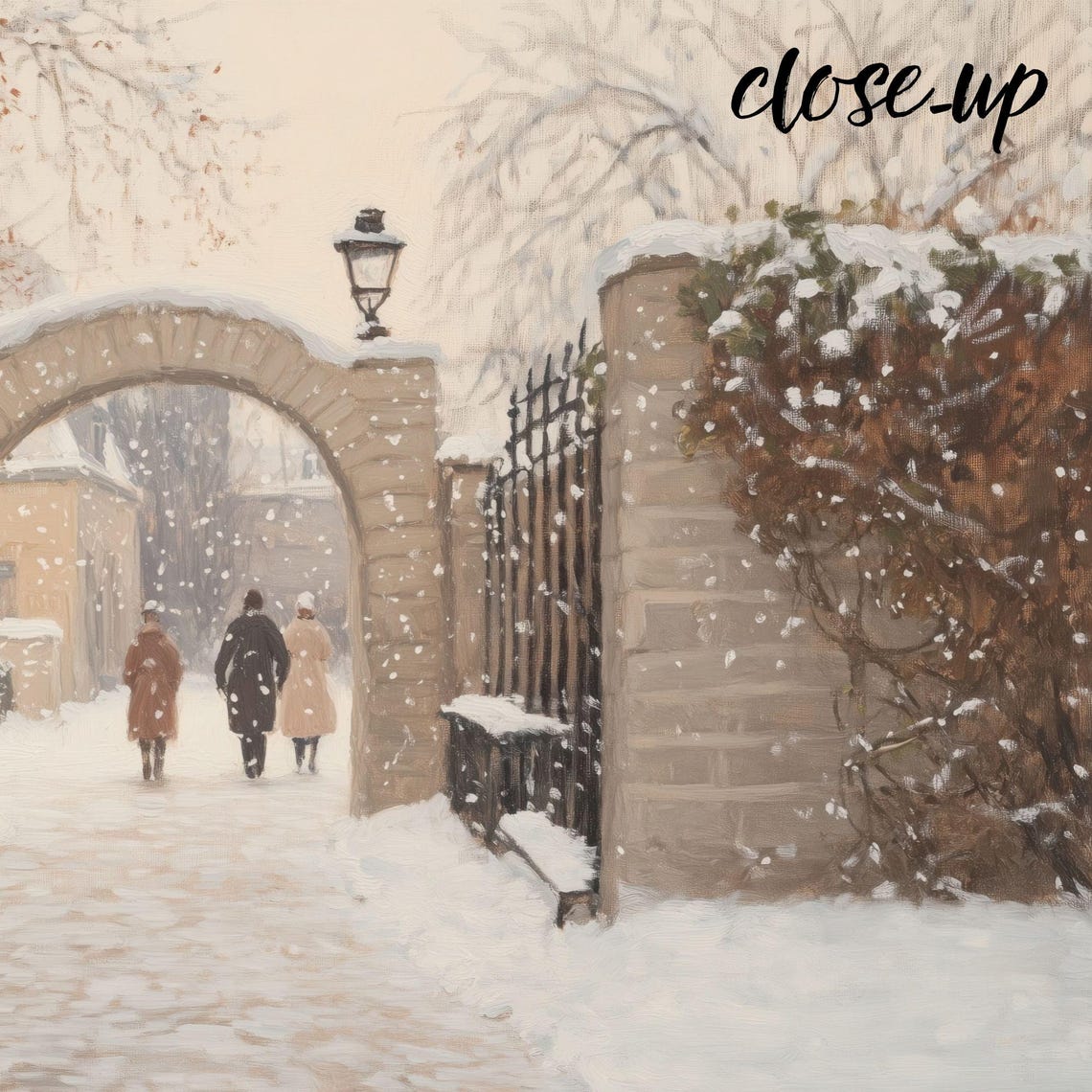 Snowy Garden Archway Gate Figures Winter Walkway Scene Poster - Image 4
