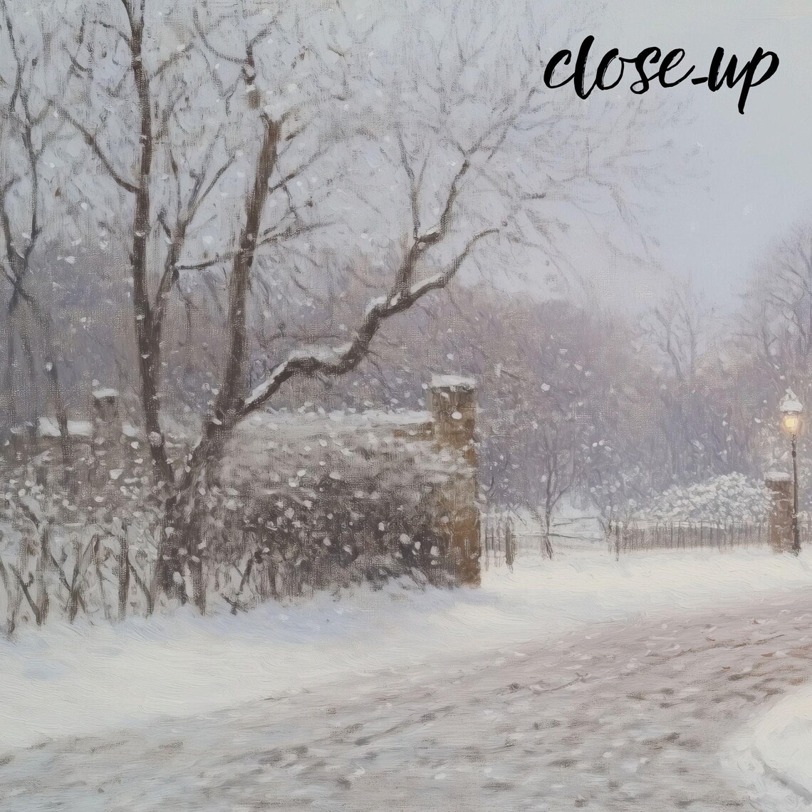 Snowy Cottage Lane Lit Lamppost Bare Trees Winter Scene Poster - Image 3