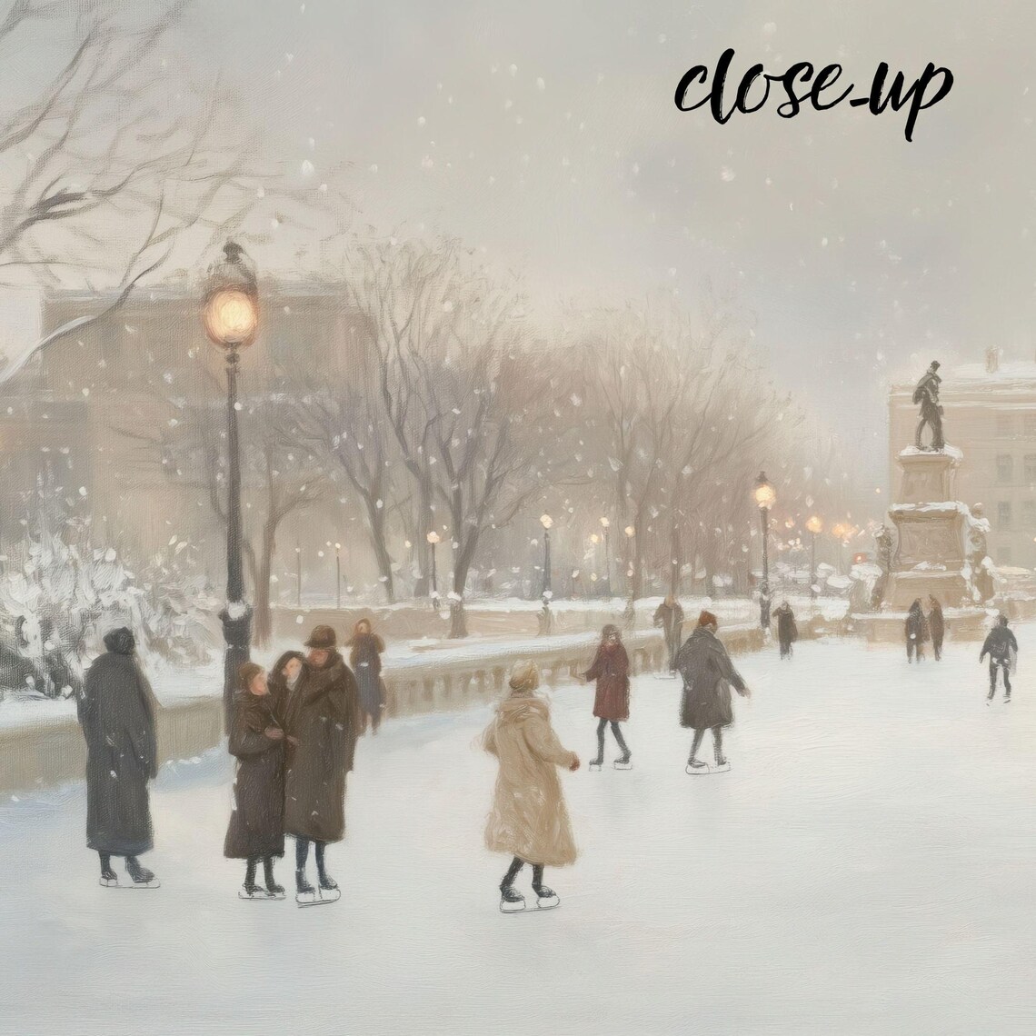 Vintage Ice Skaters Snowy City Plaza Charming Winter Painting Poster - Image 4