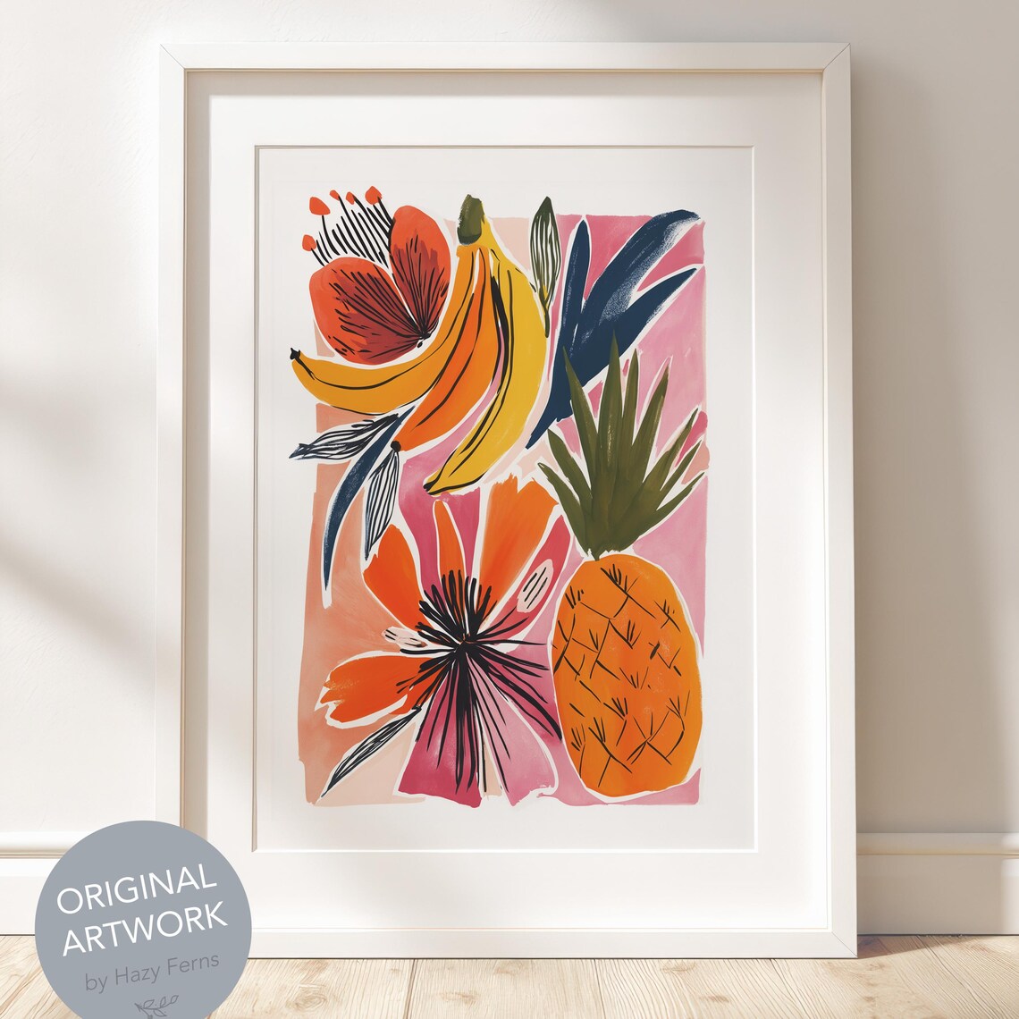 Banana And Pineapple Tropical Fruit Colorful Gouache Kitchen Wall Art