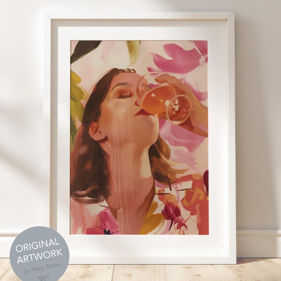 Woman Drinking Rose Wine Earthy Floral Fashion Fine Art Print