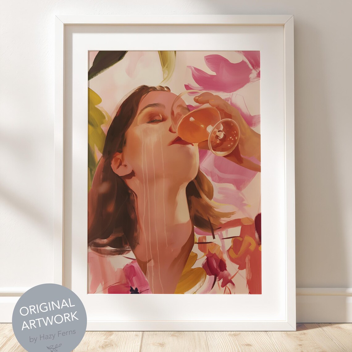 Woman Drinking Rose Wine Earthy Floral Fashion Fine Art Print