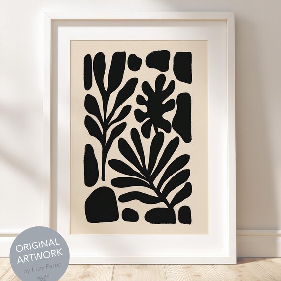 Botanical Silhouette Print Black Leaves Cream Background Modern Art