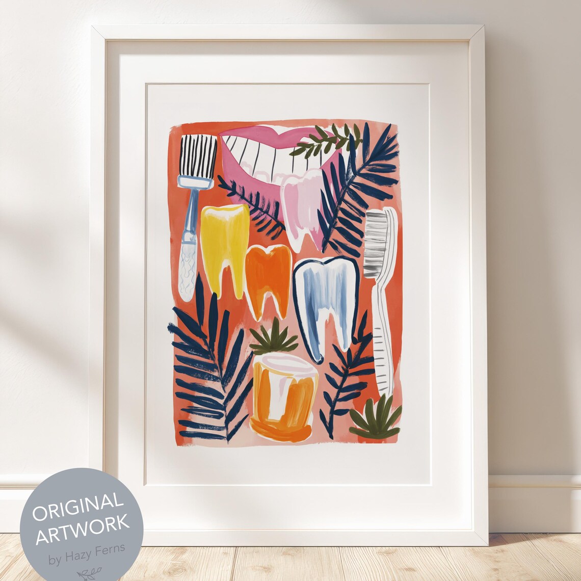Bright Dental Teeth Toothbrush Gouache Fun Dentist Office Wall Art
