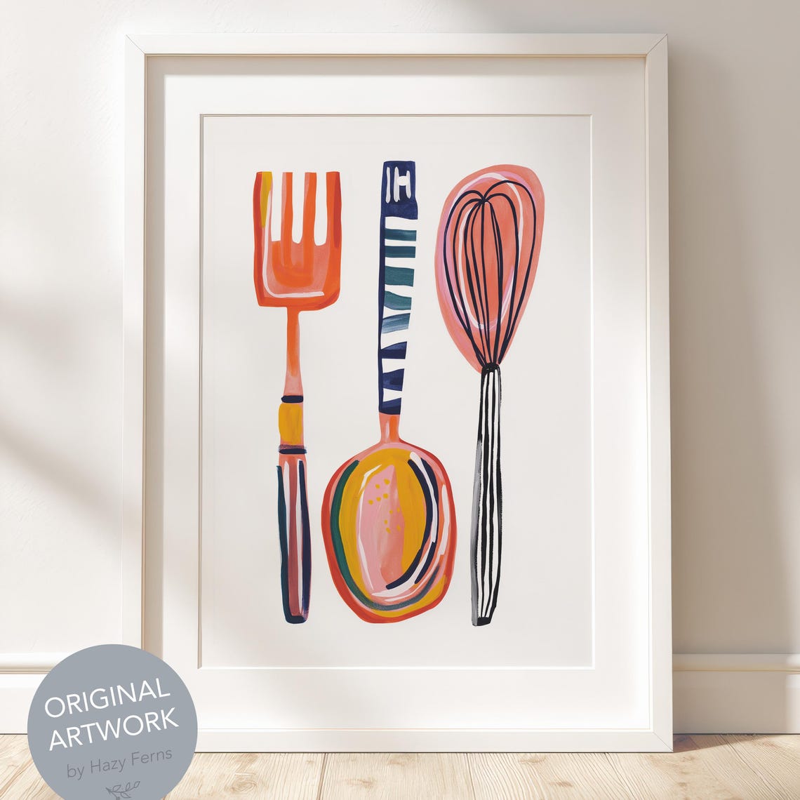 Kitchen Utensils Fork Spoon Whisk Colorful Modern Gouache Art Print