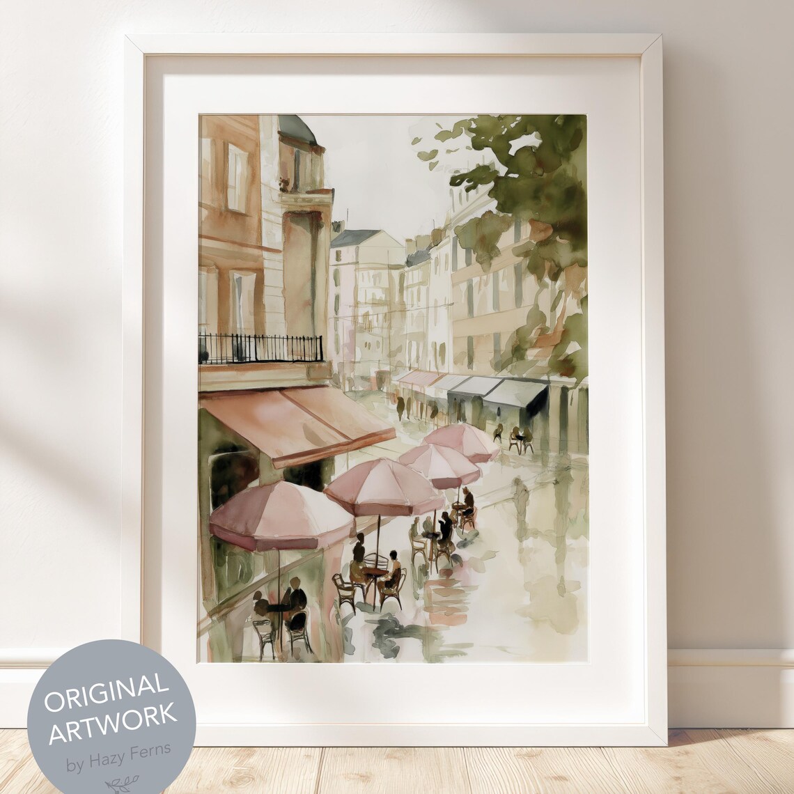 European Cafe Watercolor Poster Romantic Street Pink Umbrellas City Art