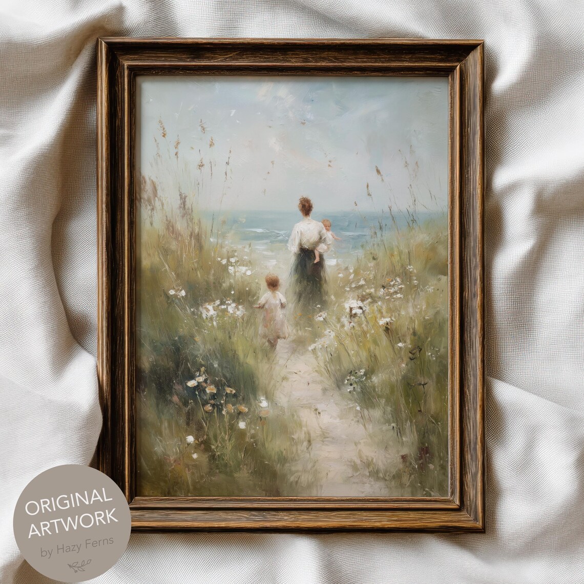 Mother and Children Seaside Walk Impressionist Vintage Print