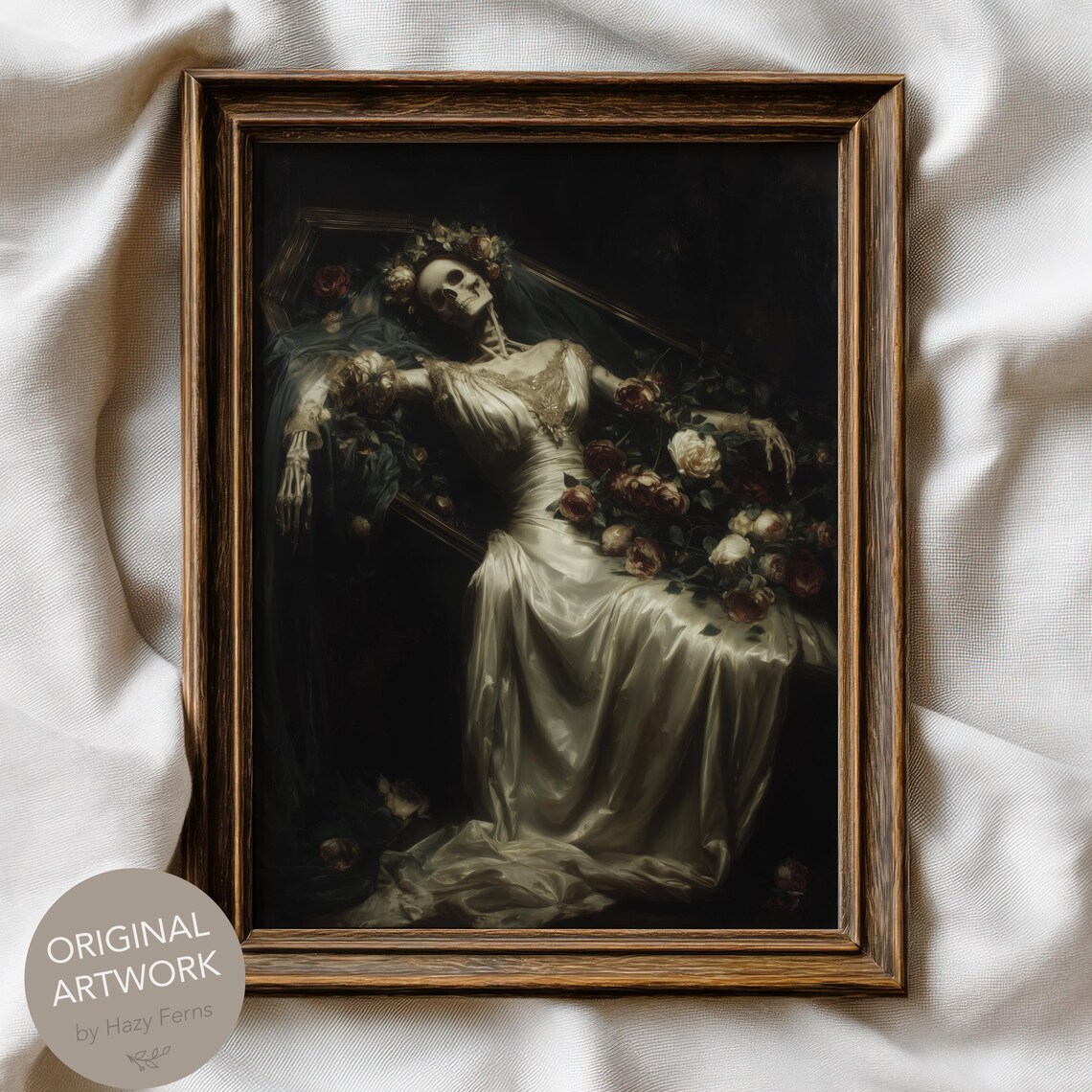 Skeleton Bride White Wedding Dress Dark Academia Gothic Roses Art Poster