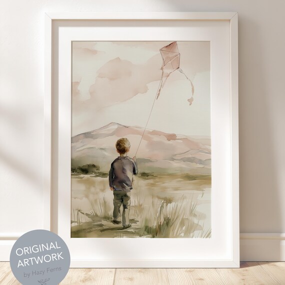 Child With Kite Watercolor Poster, Neutral Pastel Landscape