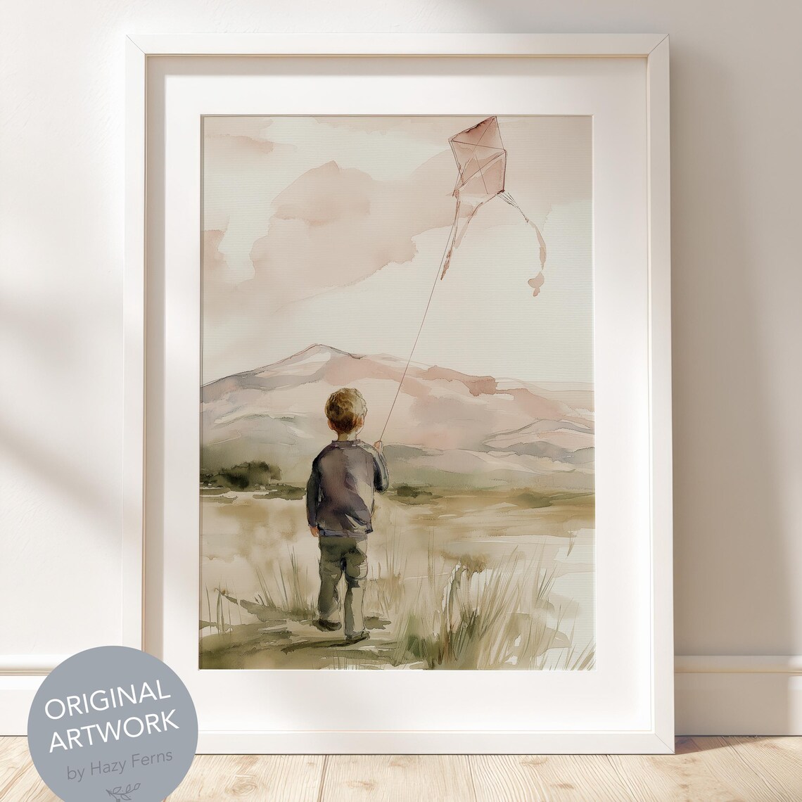 Child With Kite Watercolor Poster, Neutral Pastel Landscape