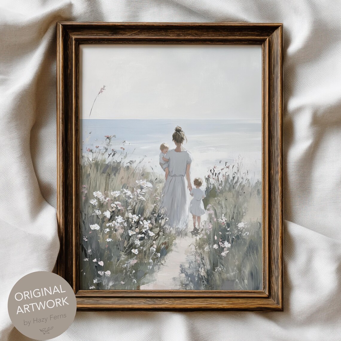Mother with Children Walking to Sea Soft Impressionist Print