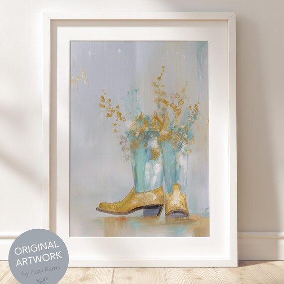 Blue Gold Cowboy Boots Floral Print Oil Minimalist Rustic Western Wall Art
