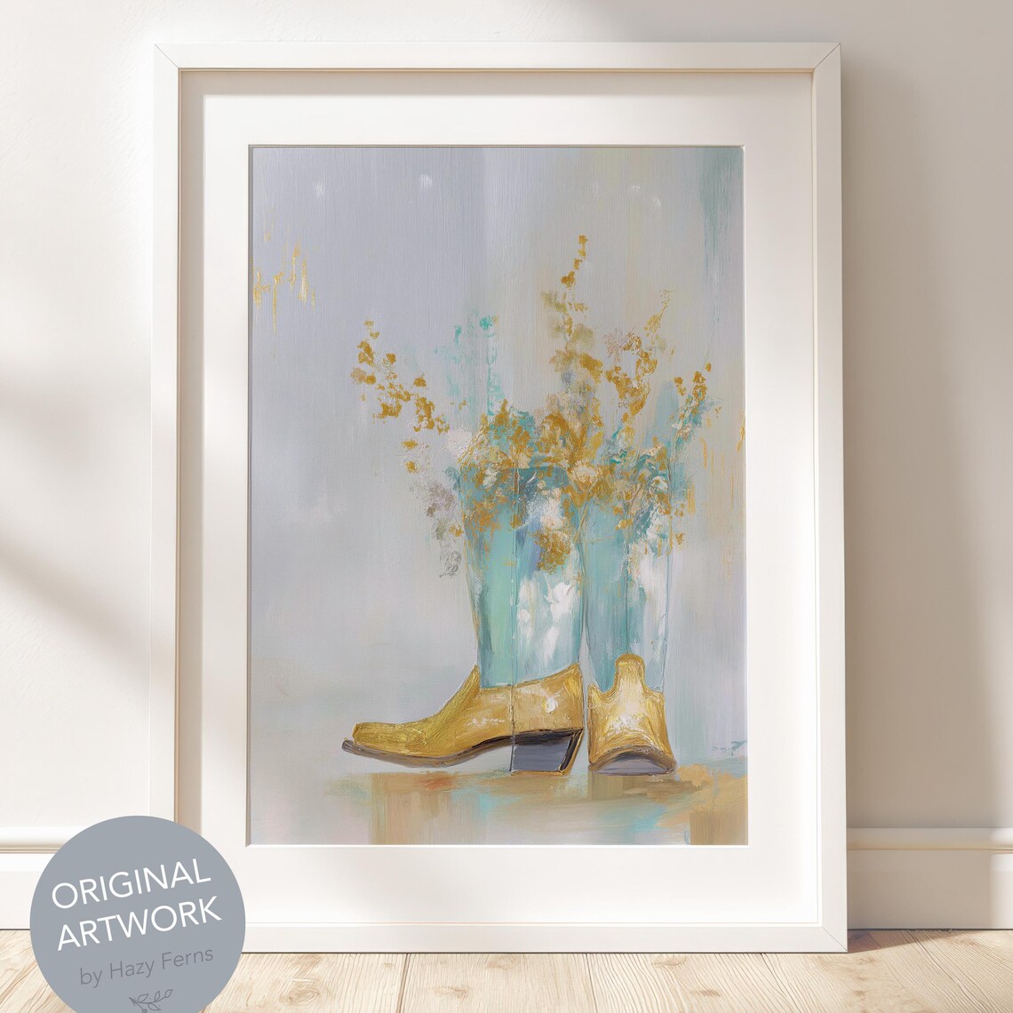 Blue Gold Cowboy Boots Minimalist Western Oil Painting Wall Art
