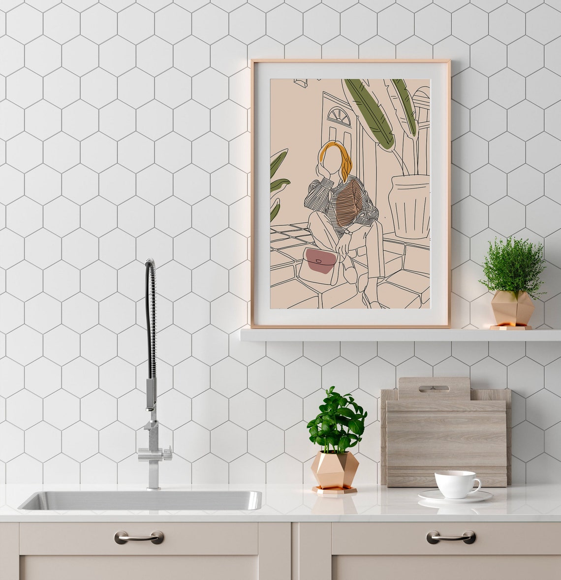 Woman Steps Handbag Fashion Line Art Illustration Deco Poster - Image 2