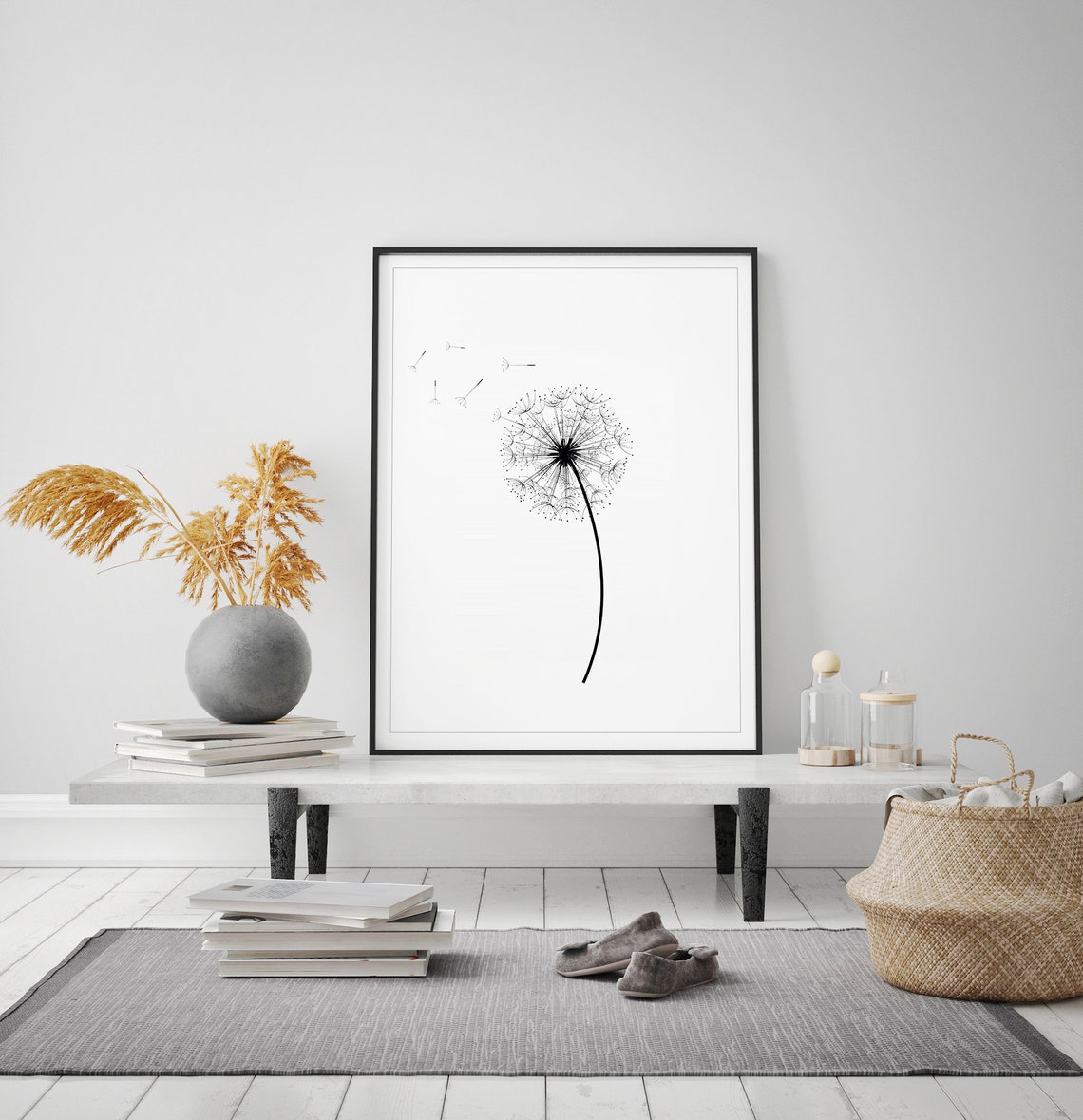 Delicate Black And White Dandelion Botanical Line Art Floral Poster