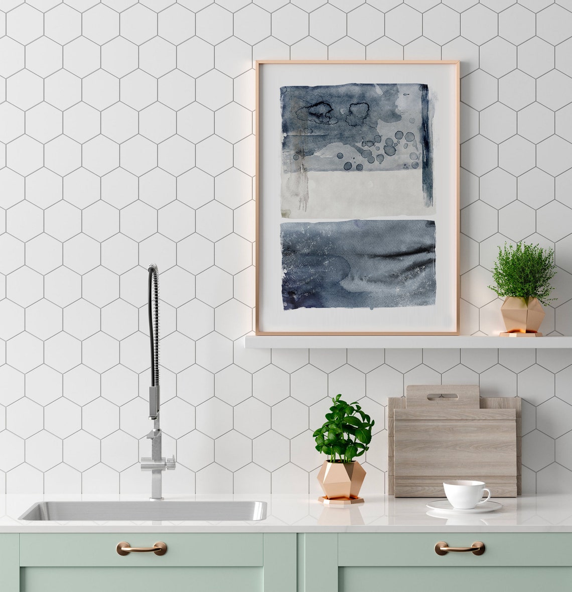 Indigo Blue Abstract Watercolor Blocks Modern Coastal Decor Poster