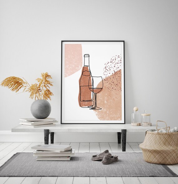 Wine Bottle and Glass Line Art Terracotta Modern Kitchen Decor Poster