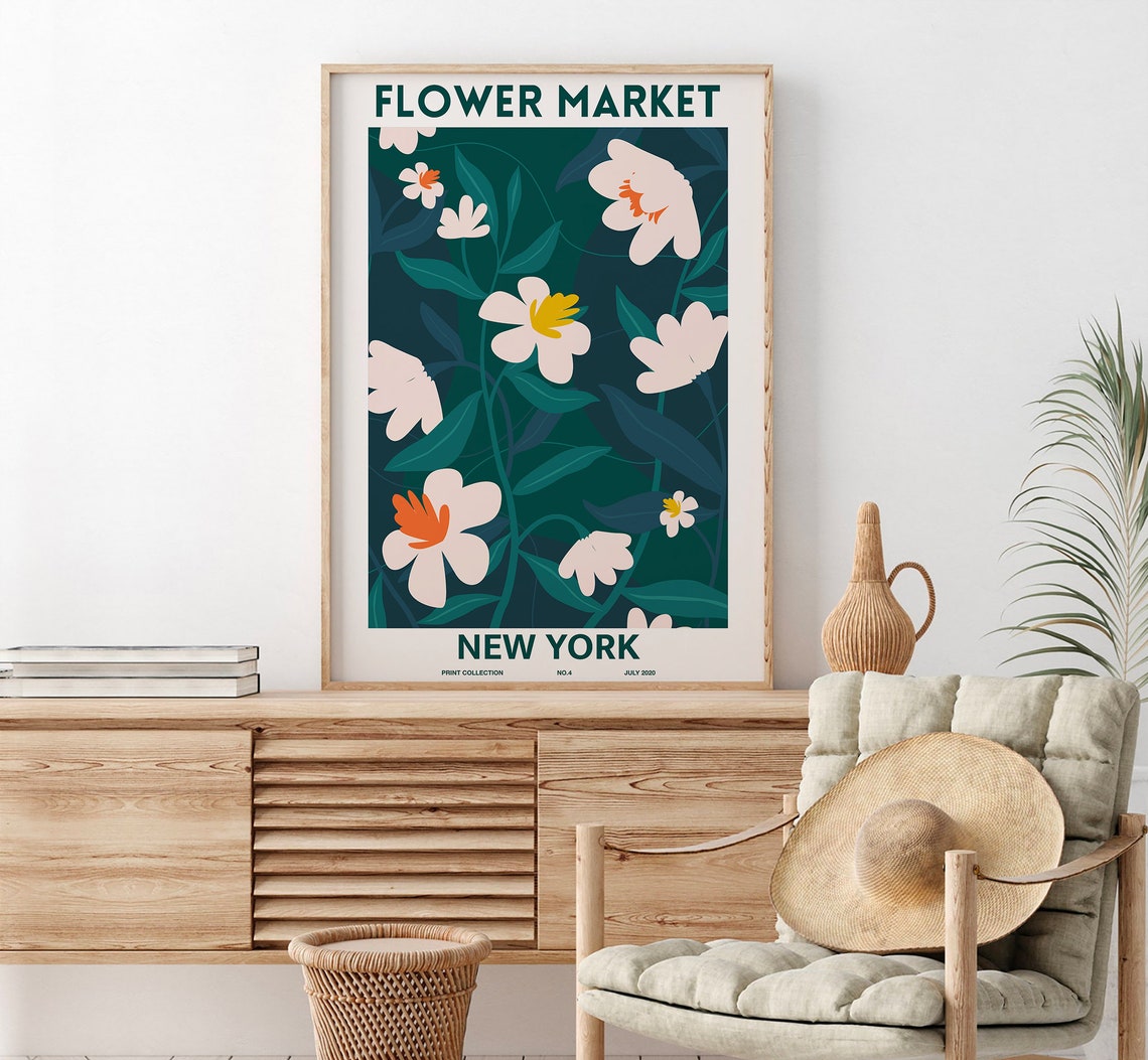New York Flower Market White Blooms Dark Green Floral Art Poster