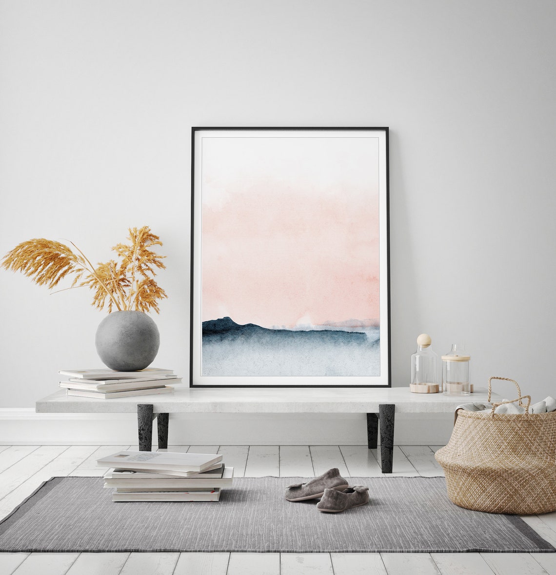 Blush Pink Watercolor Navy Mountain Abstract Landscape Poster
