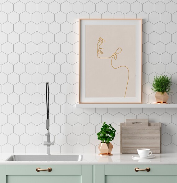 Gold One Line Drawing Woman Face Profile Minimalist Beige Art Poster