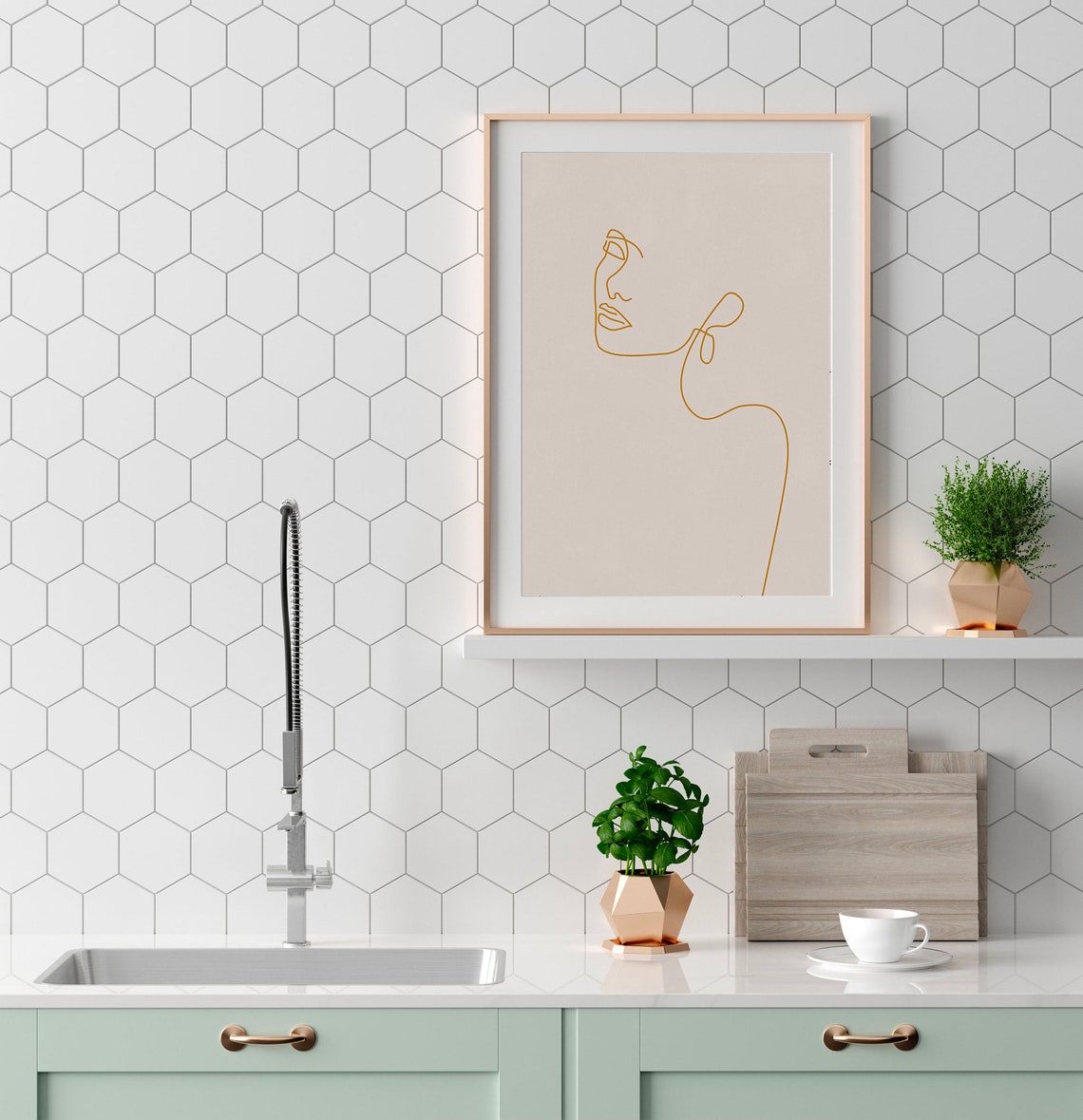 Gold One Line Drawing Woman Face Profile Minimalist Beige Art Poster