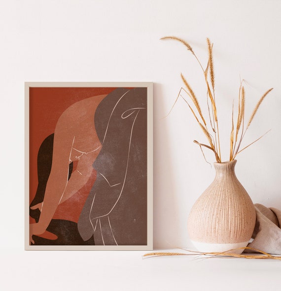 Terracotta Boho Portrait Minimal Modern Original Wall Art Hair Wash Woman Art Print Earthy Burnt Orange Female Bohemian