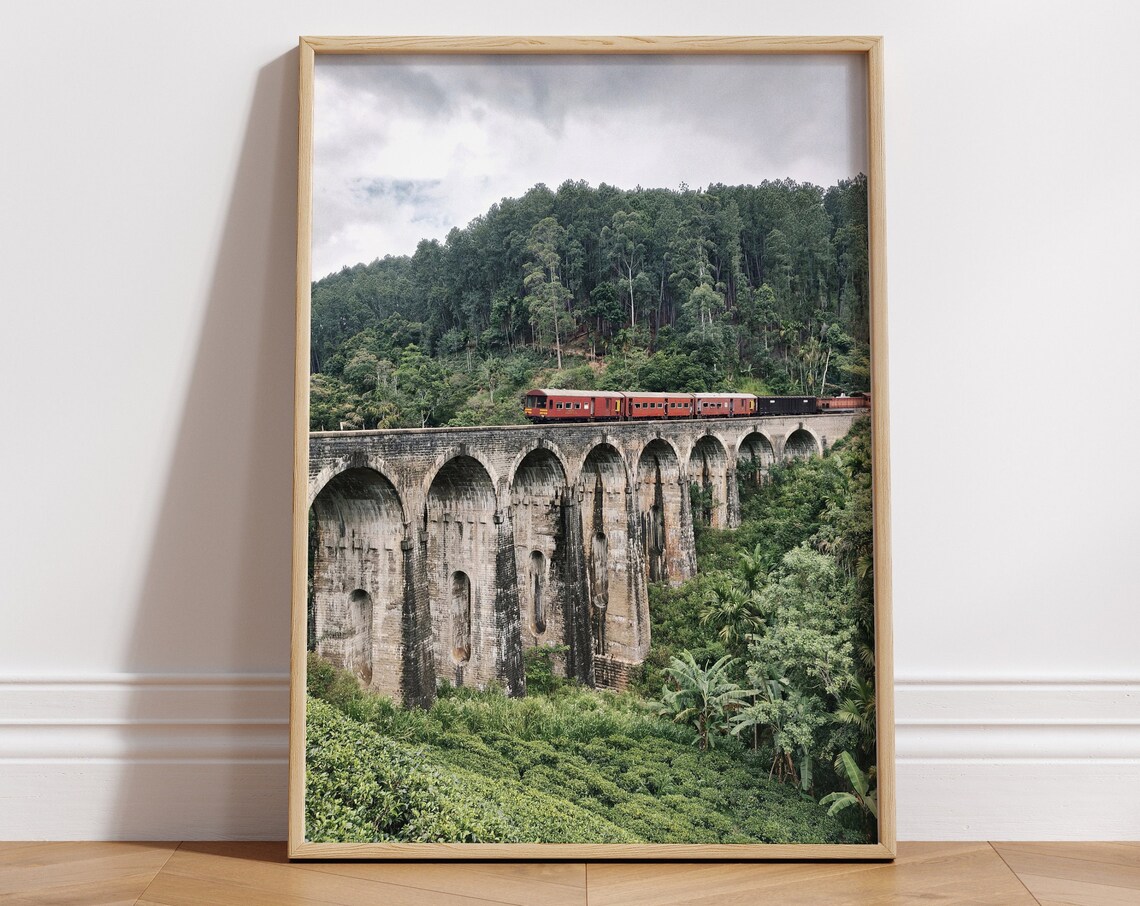 Historic Stone Viaduct Red Train Lush Green Forest Crossing Poster