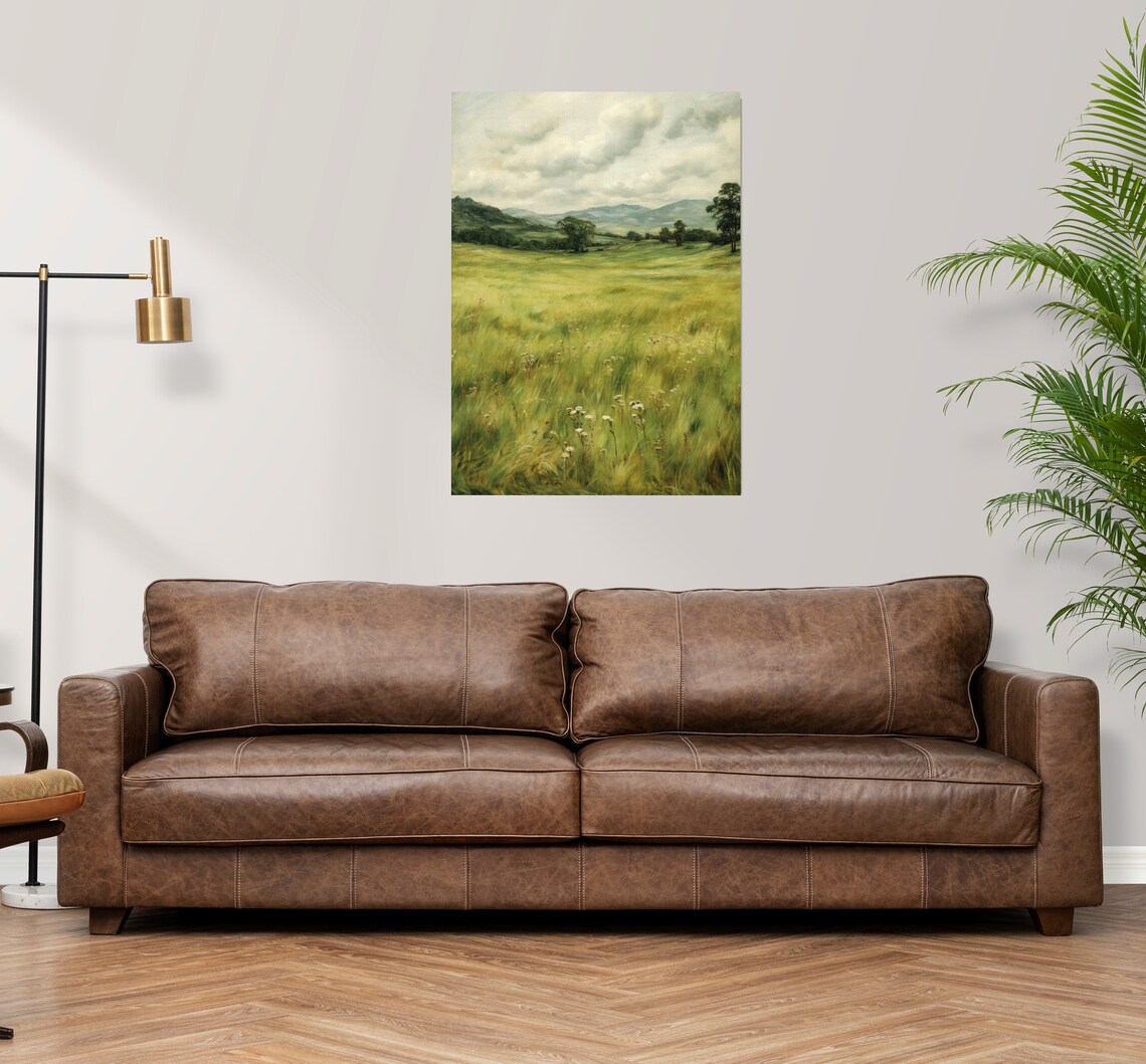Green Wildflower Meadow Poster with Rolling Hills in Vintage Style - Image 3