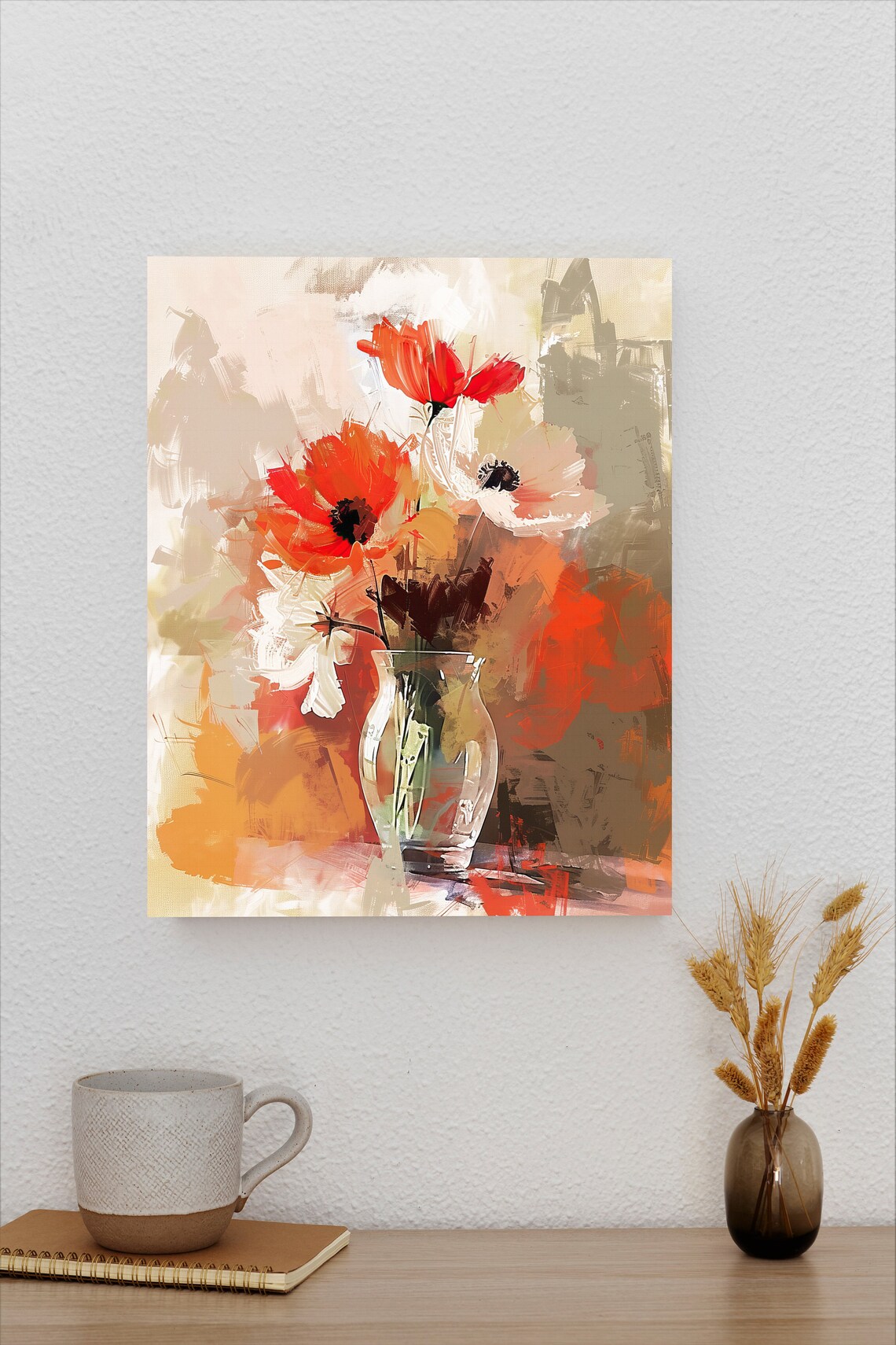 Orange Poppies in a Glass Vase Poster with Warm Abstract Background - Image 2