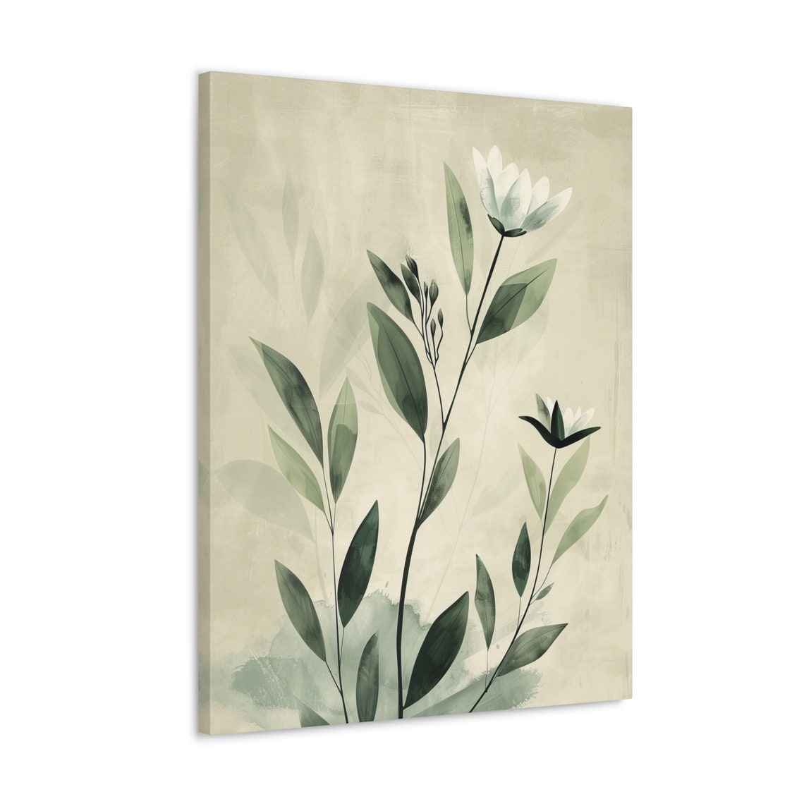 Sage Green Watercolor Stems with Delicate White Blooms Poster - Image 4