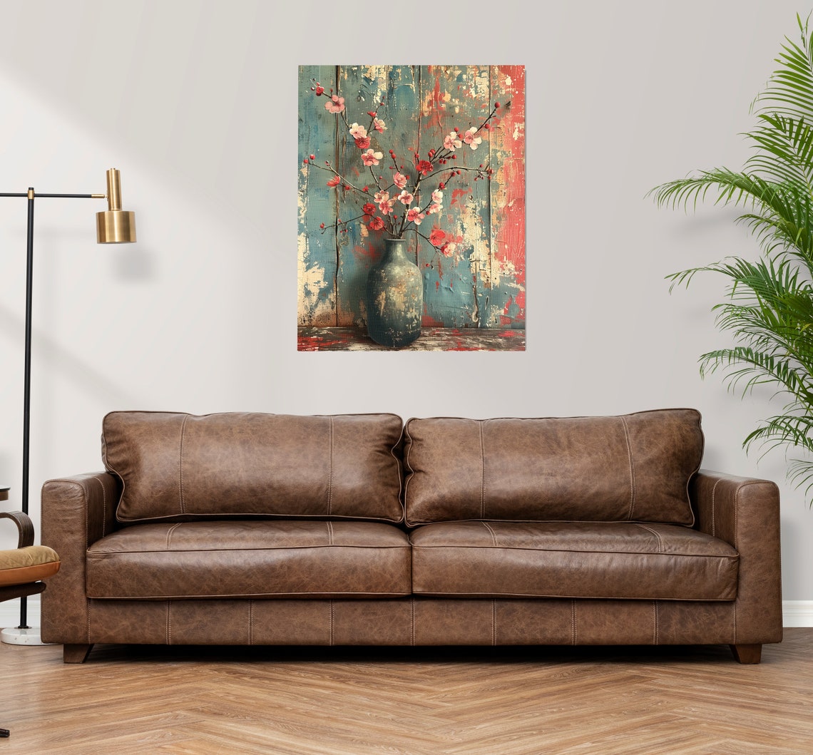 Red Blossom Branches Vintage Vase Distressed Wood Still Life Poster - Image 3
