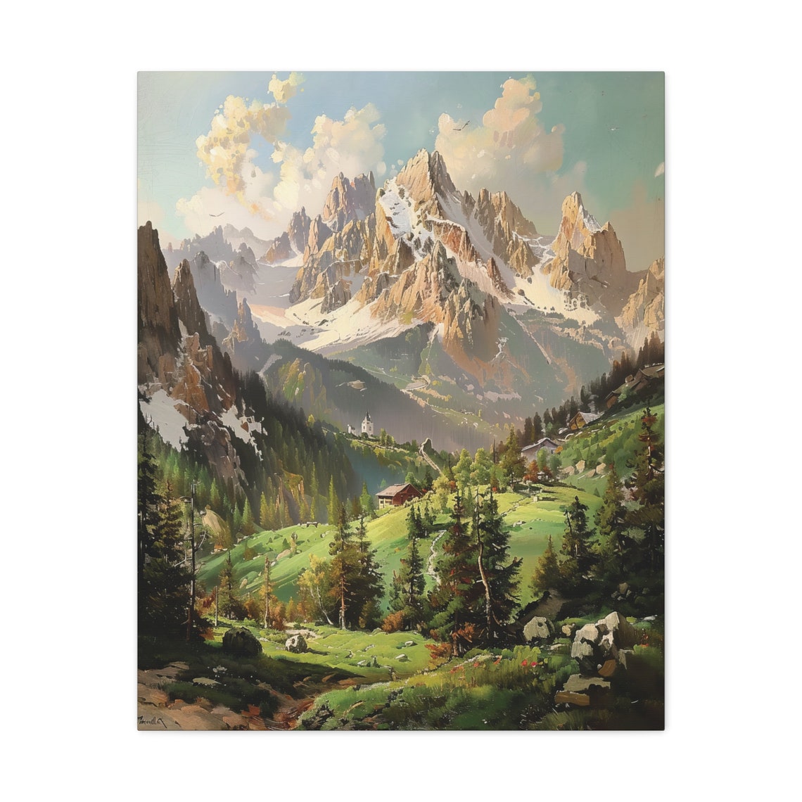Snowy Alpine Peaks Poster with Village Church in a Green Valley Scene - Image 3