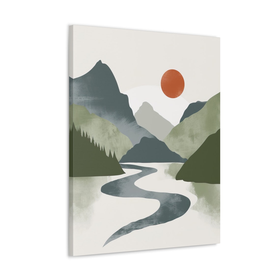 Minimalist Abstract Mountain Valley with River and Rust Sun Poster - Image 4