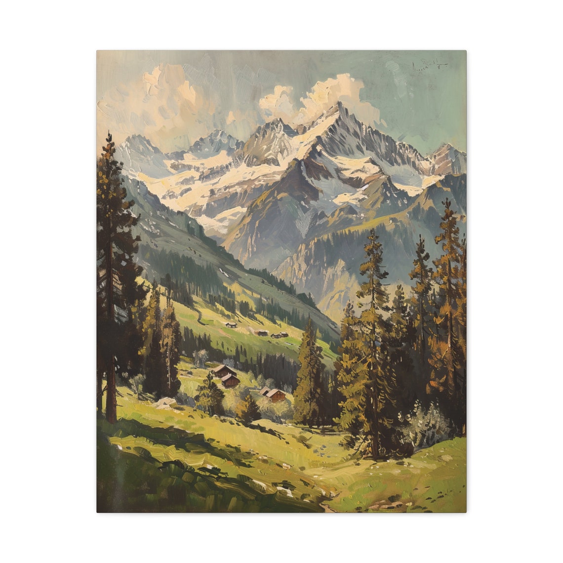 Sunny Alpine Meadow Cabins Snowy Peaks Pine Forest Landscape Poster - Image 3