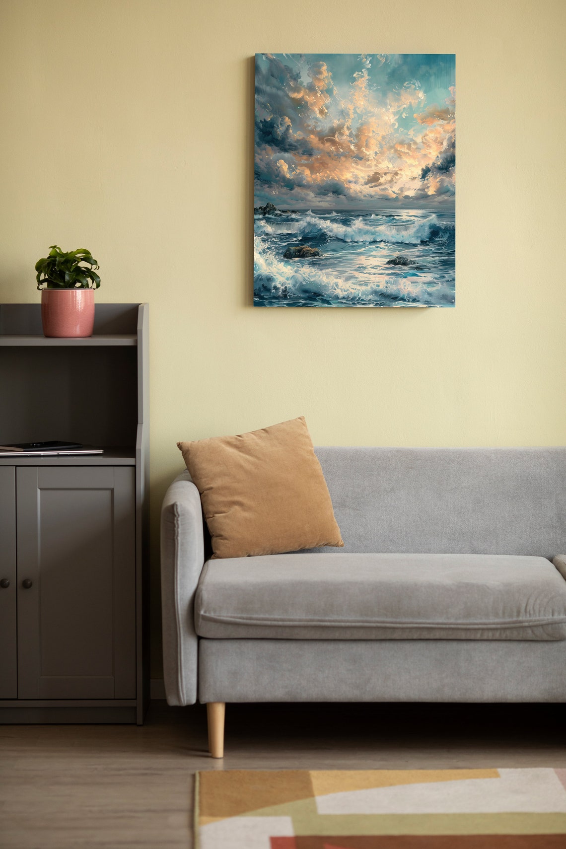Teal Ocean Waves Poster Under a Peachy Golden Sunset Cloud Sky Scene - Image 2