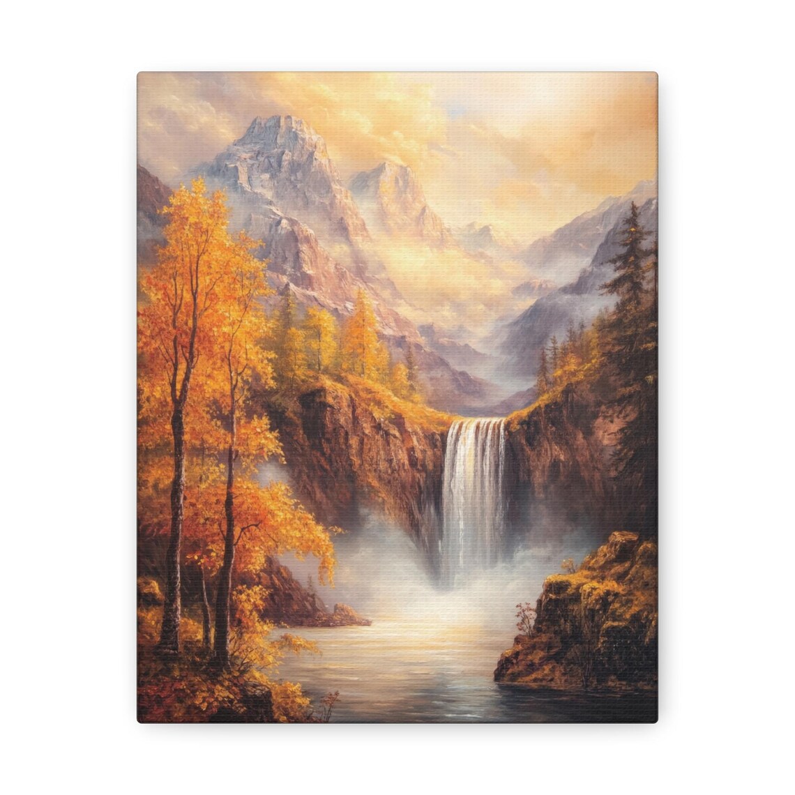 Autumn Mountain Waterfall Poster with Golden Trees and Morning Mist - Image 3