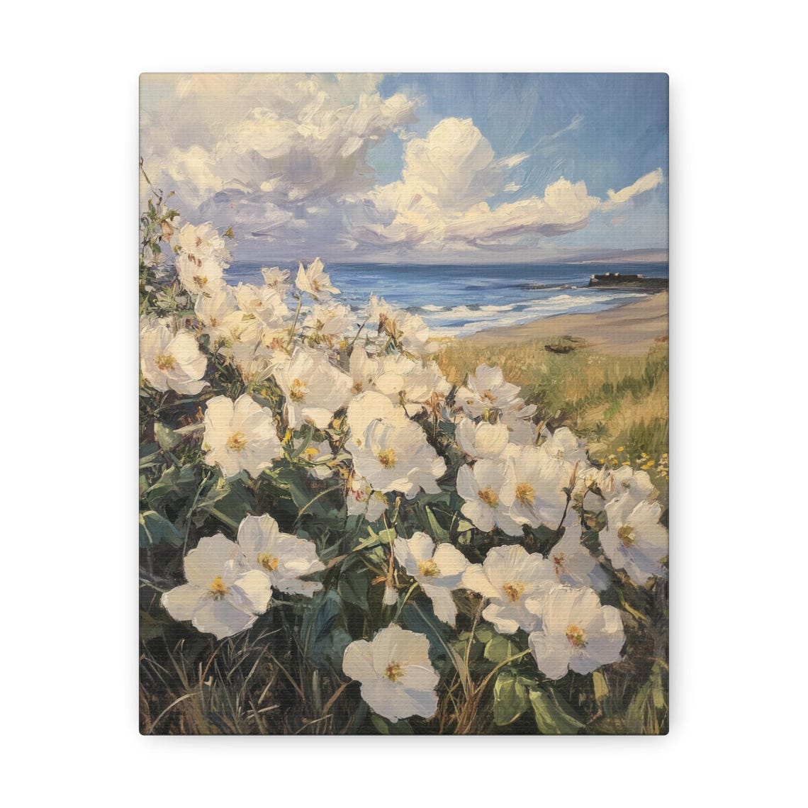 White Beach Roses Poster Blooming Above the Sea Under Cloudy Skies - Image 3