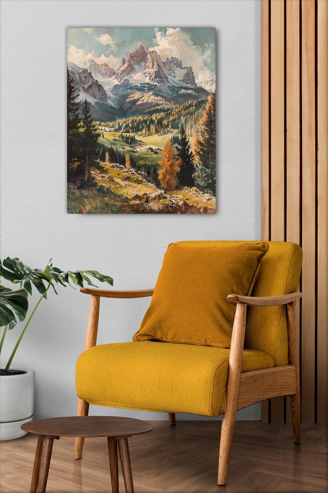 Golden Autumn Valley Snowy Mountain Peak Vintage Landscape Poster - Image 2