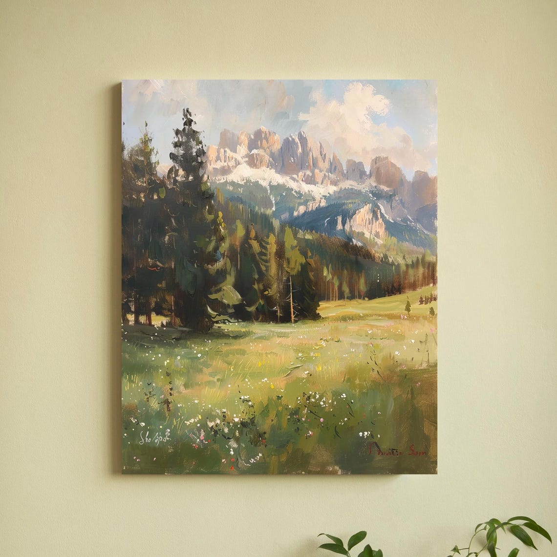Alpine Mountain Peaks Poster with Pine Forest and Wildflower Meadow