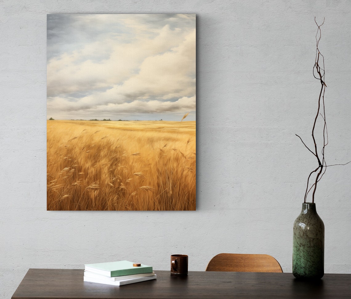 Golden Wheat Field Poster Under a Vast Cloudy Sky Minimalist Landscape - Image 2