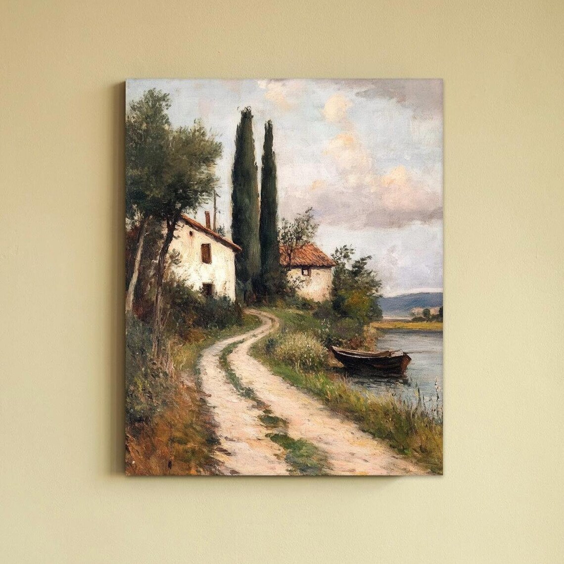 Italian Farmhouse Poster with Cypress Trees by a Lake and Boat Scene
