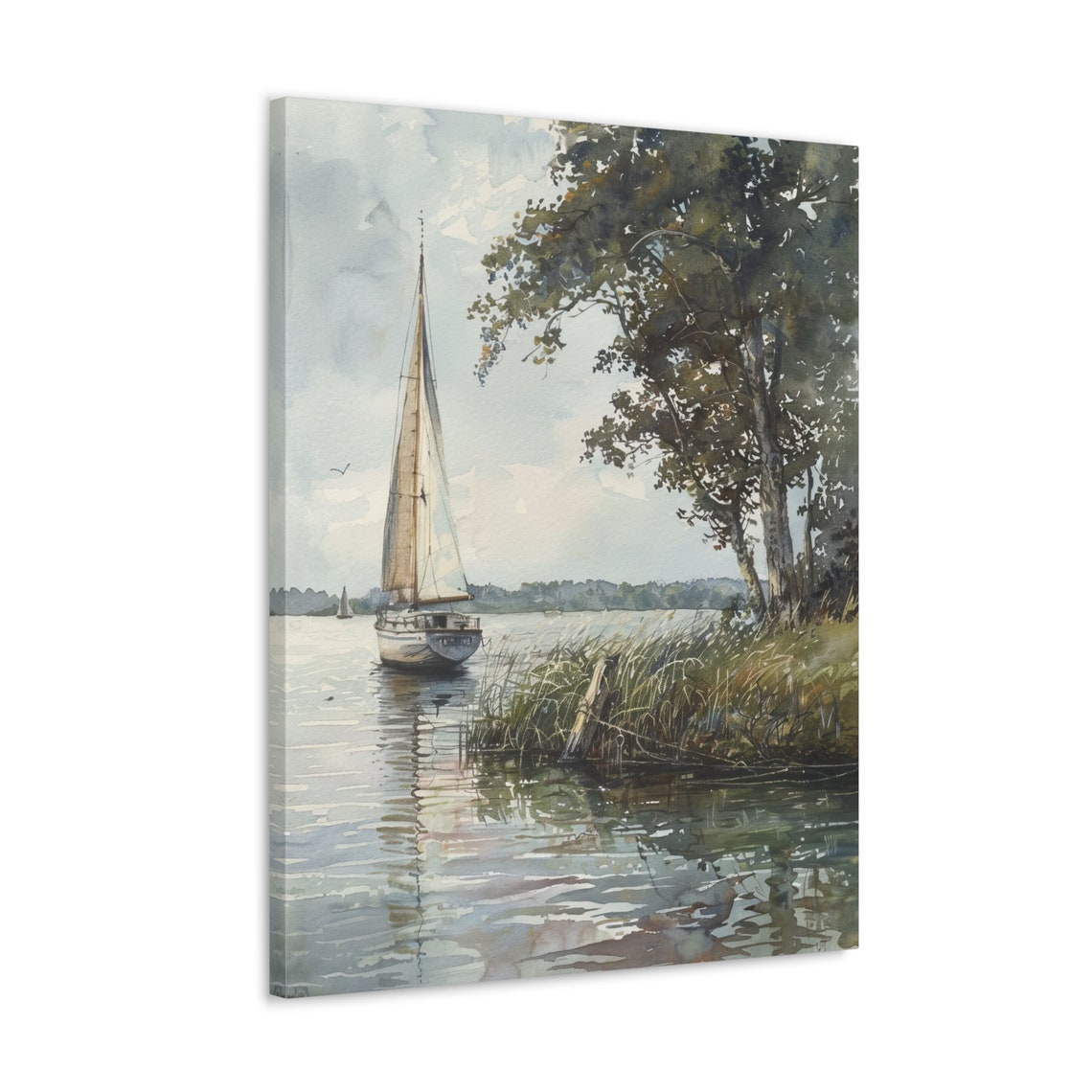 Watercolor Sailboat Poster on a Calm Lake by a Tree Lined Shore - Image 4