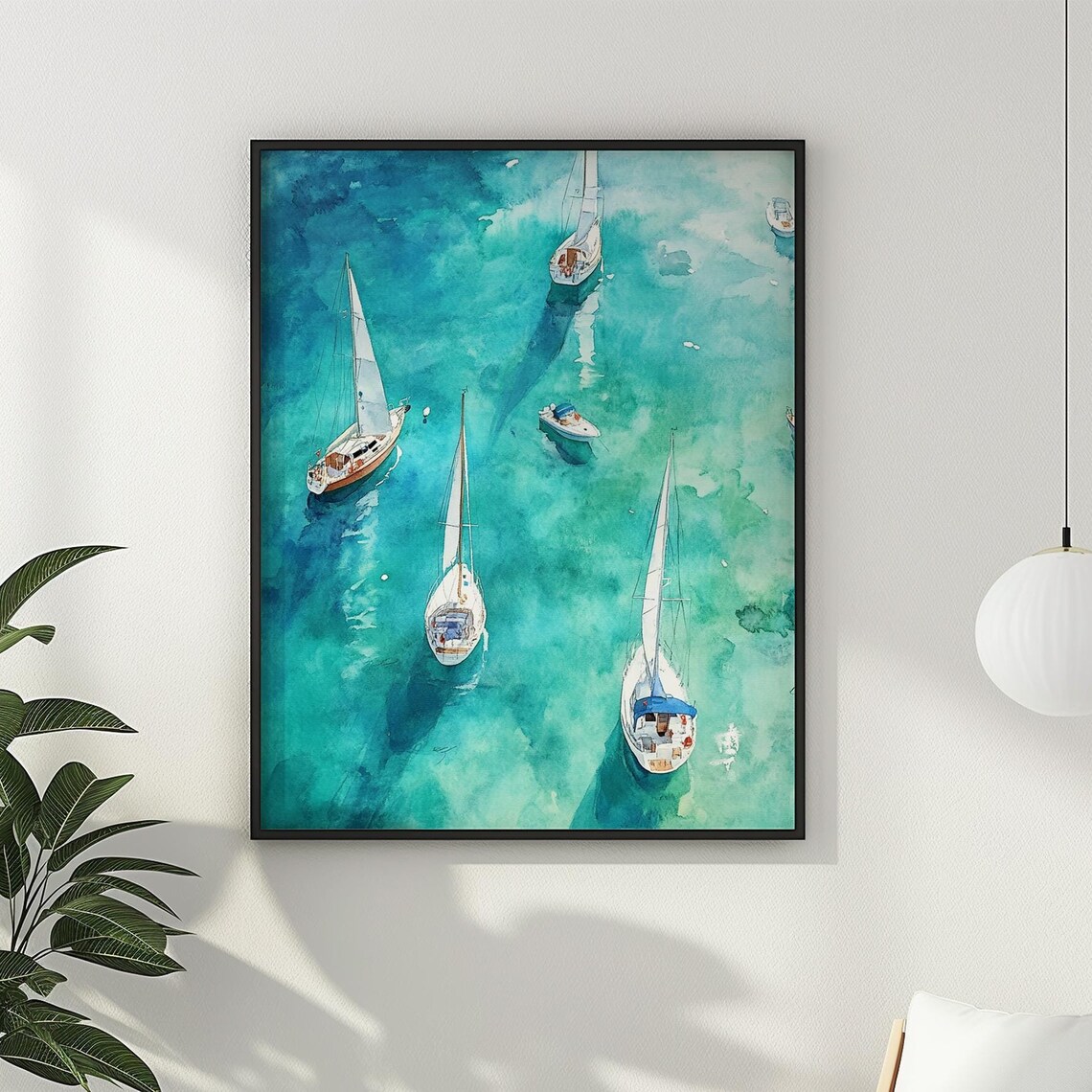 Sailboats from Above Turquoise Water Aerial Watercolor Sea Poster