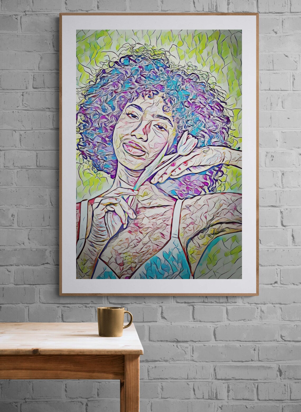 Curly Haired Woman in Blue and Purple Pop Art Portrait Print - Image 3
