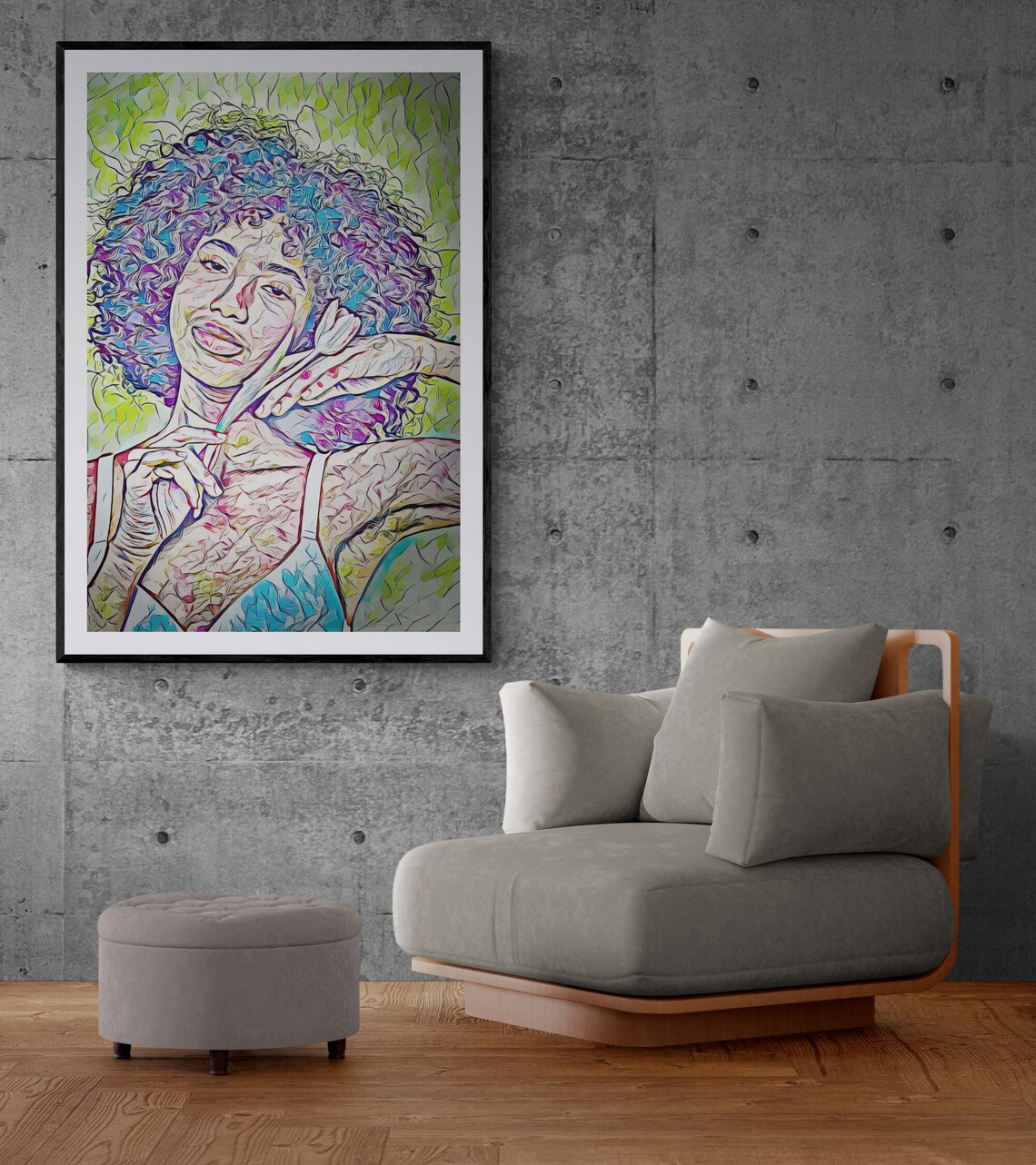 Curly Haired Woman in Blue and Purple Pop Art Portrait Print - Image 6