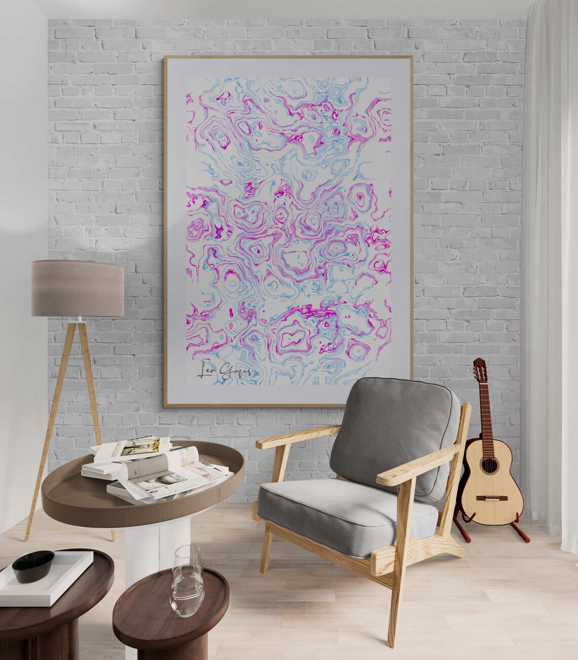 Magenta and Sky Blue Fluid Marble Swirl Abstract Line Art Print - Image 3